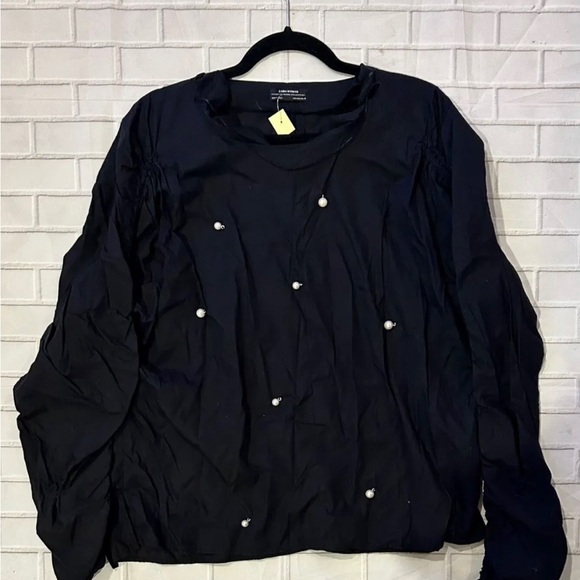 Zara black sz m ruched long sleeves blouse top shirt embellished with pearls - Picture 3 of 5